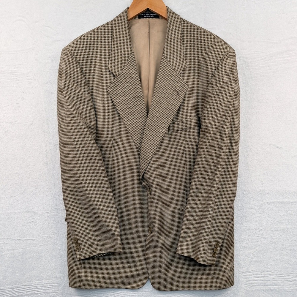 VTG Gianfranco Ruffini Blazer Men 44R Tan Houndstooth Silk Blend Light Academia